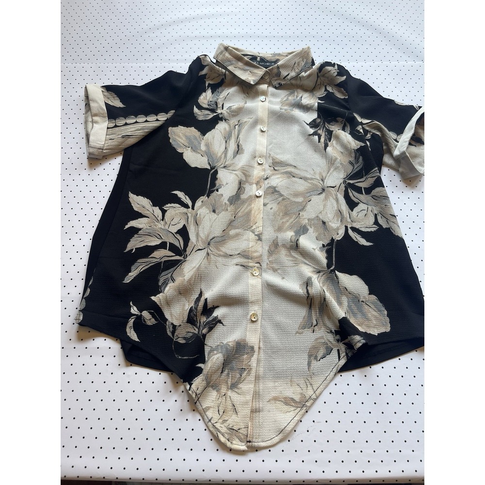 Sara Michelle Floral Button Up Blouse Black Beige Resortwear Oversized Top Med